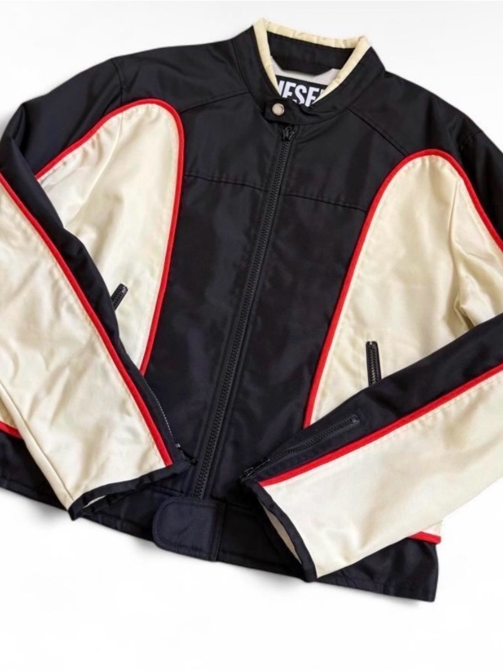 Diesel Black and Cream Motorcycle Jacket with Red Piping Y2K Size XXL
